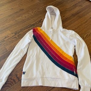 Aviator Nation White Hoodie with Rainbow Stripes